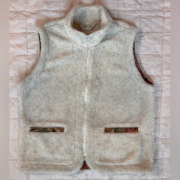 Orvis Cream w/ Black Speckels Sherpa w/ Floral Tapestry Detailed Vest - Large - Picture 1 of 7